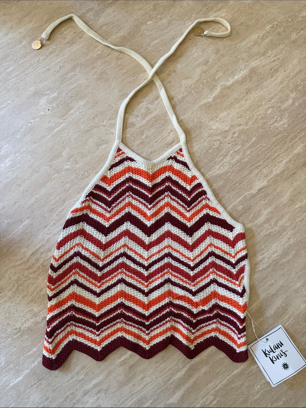 New Kulani Kinis Crochet Chevron Halter Tank Orange white & Burgundy Stripes